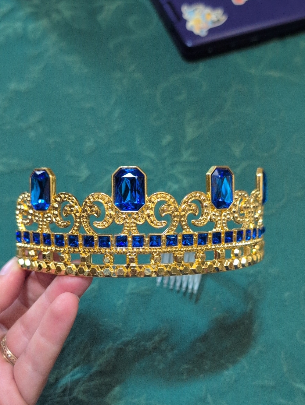 Metal Gold-tone Crown Tiara with Royal Blue Gemstones
